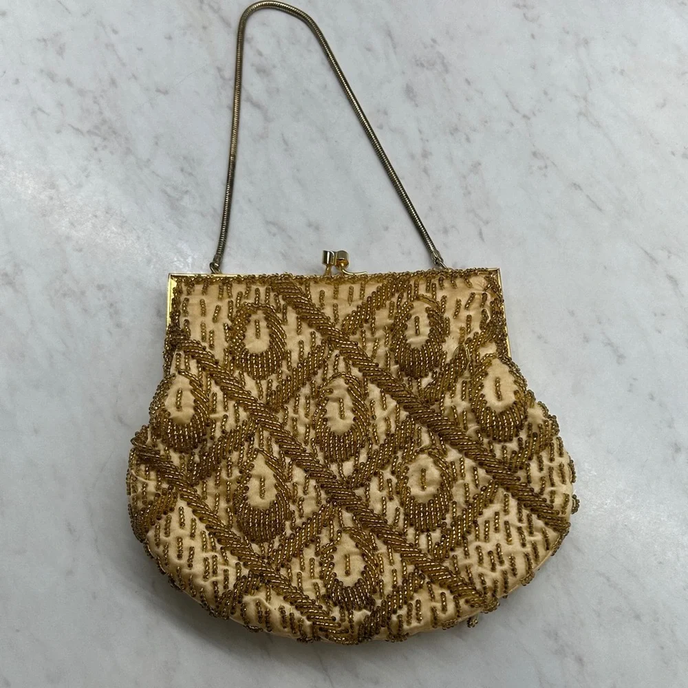 Vintage Elegant Gold Beaded Evening Bag 7”x 6” Preowned Clean